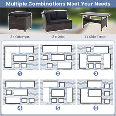 7 Piece Hand Woven Wicker Patio Set, 3 Sofa Sections, 3 Ottomans and 51 in Slatted Table, Black Cushions