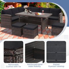 7 Piece Hand Woven Wicker Patio Set, 3 Sofa Sections, 3 Ottomans and 51 in Slatted Table, Black Cushions