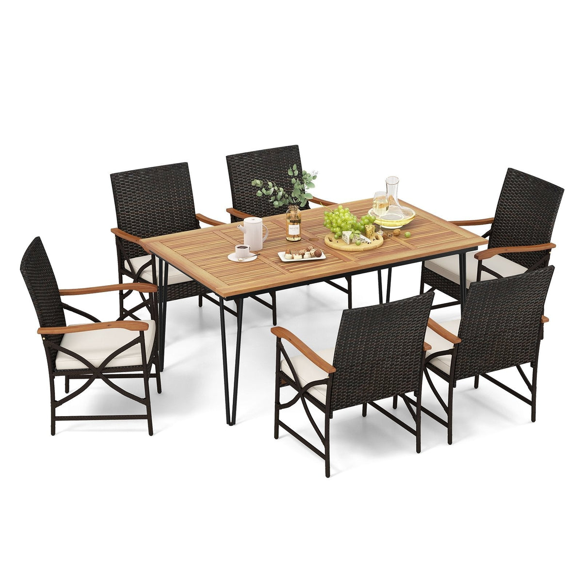7 Piece Wicker Patio Dining Set with 63 in Acacia Table and 6 Armchairs