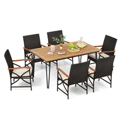 7 Piece Wicker Patio Dining Set with 63 in Acacia Table and 6 Armchairs