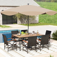 7 Piece Wicker Patio Dining Set with 63 in Acacia Table and 6 Armchairs