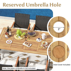 7 Piece Wicker Patio Dining Set with 63 in Acacia Table and 6 Armchairs