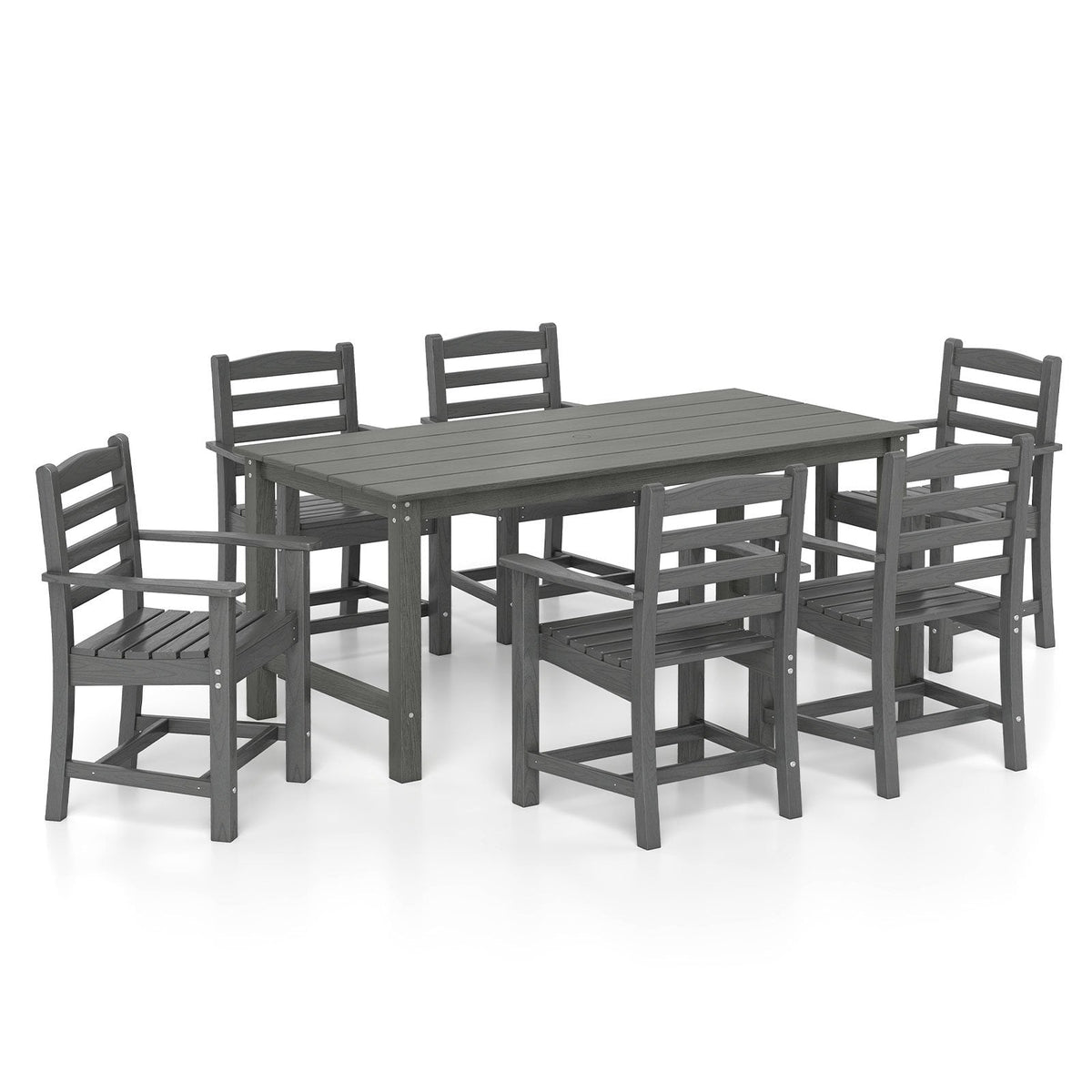 7 Piece HDPE Patio Dining Set for 6, 67 Inch Grey Wood Look Table and 6 Slatted Armchairs with Stainless Screws