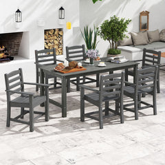7 Piece HDPE Patio Dining Set for 6, 67 Inch Grey Wood Look Table and 6 Slatted Armchairs with Stainless Screws