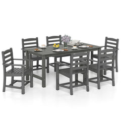 7 Piece HDPE Patio Dining Set for 6, 67 Inch Grey Wood Look Table and 6 Slatted Armchairs with Stainless Screws