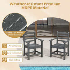7 Piece HDPE Patio Dining Set for 6, 67 Inch Grey Wood Look Table and 6 Slatted Armchairs with Stainless Screws