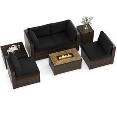 7 Piece Outdoor Furniture Set with 32 in 40,000 BTU Propane Fire Pit Table, Propane Tank Cover Table and Mix Brown Wicker Sofas, Black Cushions
