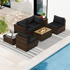 7 Piece Outdoor Furniture Set with 32 in 40,000 BTU Propane Fire Pit Table, Propane Tank Cover Table and Mix Brown Wicker Sofas, Black Cushions