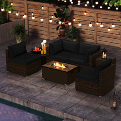7 Piece Outdoor Furniture Set with 32 in 40,000 BTU Propane Fire Pit Table, Propane Tank Cover Table and Mix Brown Wicker Sofas, Black Cushions