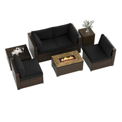 7 Piece Outdoor Furniture Set with 32 in 40,000 BTU Propane Fire Pit Table, Propane Tank Cover Table and Mix Brown Wicker Sofas, Black Cushions