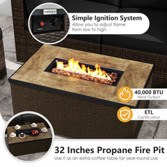 7 Piece Outdoor Furniture Set with 32 in 40,000 BTU Propane Fire Pit Table, Propane Tank Cover Table and Mix Brown Wicker Sofas, Black Cushions
