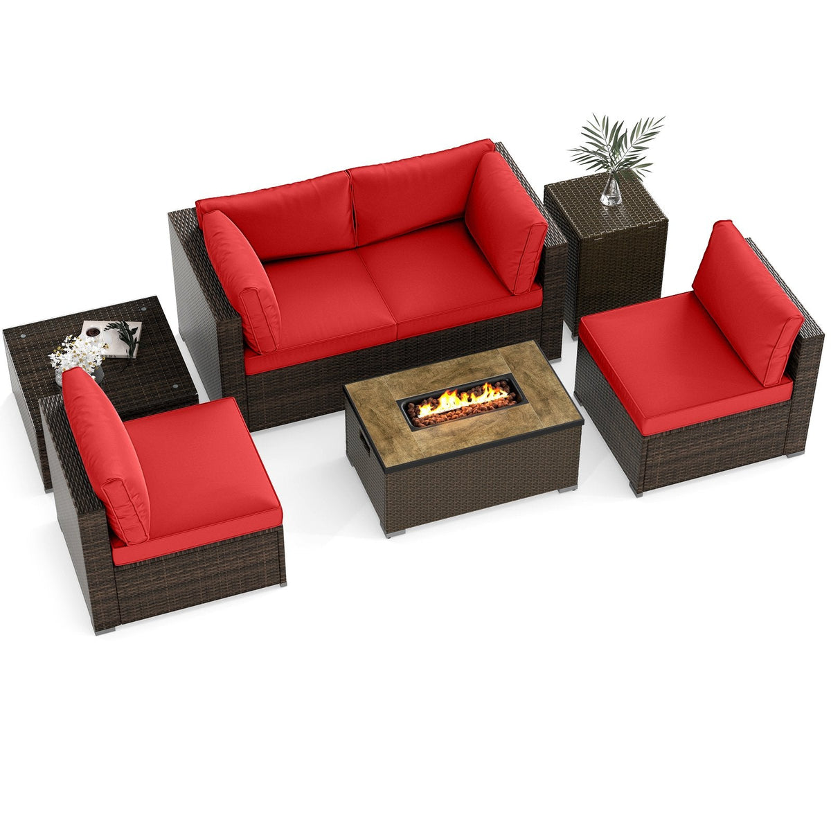 7 Piece Outdoor Furniture Set with 32 in 40,000 BTU Propane Fire Pit Table, Propane Tank Cover Table and Mix Brown Wicker Sofas, Red Cushions
