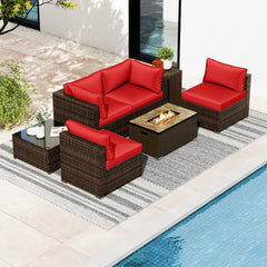 7 Piece Outdoor Furniture Set with 32 in 40,000 BTU Propane Fire Pit Table, Propane Tank Cover Table and Mix Brown Wicker Sofas, Red Cushions