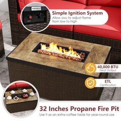 7 Piece Outdoor Furniture Set with 32 in 40,000 BTU Propane Fire Pit Table, Propane Tank Cover Table and Mix Brown Wicker Sofas, Red Cushions
