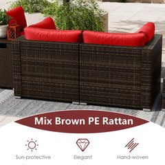 7 Piece Outdoor Furniture Set with 32 in 40,000 BTU Propane Fire Pit Table, Propane Tank Cover Table and Mix Brown Wicker Sofas, Red Cushions