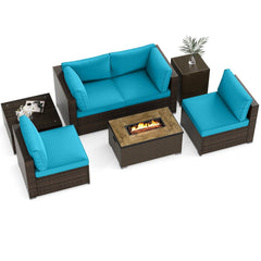 7 Piece Outdoor Furniture Set with 32 in 40,000 BTU Propane Fire Pit Table, Propane Tank Cover Table and Mix Brown Wicker Sofas, Turquoise Cushions