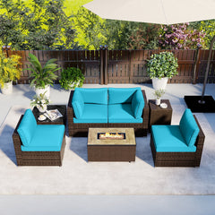7 Piece Outdoor Furniture Set with 32 in 40,000 BTU Propane Fire Pit Table, Propane Tank Cover Table and Mix Brown Wicker Sofas, Turquoise Cushions