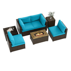 7 Piece Outdoor Furniture Set with 32 in 40,000 BTU Propane Fire Pit Table, Propane Tank Cover Table and Mix Brown Wicker Sofas, Turquoise Cushions