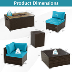 7 Piece Outdoor Furniture Set with 32 in 40,000 BTU Propane Fire Pit Table, Propane Tank Cover Table and Mix Brown Wicker Sofas, Turquoise Cushions