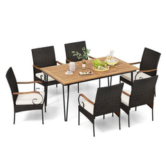 7 Piece Wicker Patio Dining Set with 63 in Acacia Table and 6 Scroll Arm Chairs
