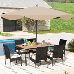 7 Piece Wicker Patio Dining Set with 63 in Acacia Table and 6 Scroll Arm Chairs