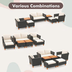 7 Piece Wicker Patio Conversation Set with 2 Storage Side Tables and 2 Ottomans, Off White