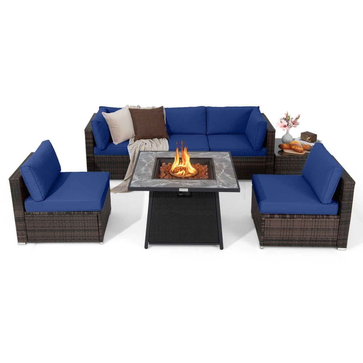 7 Piece Wicker Fire Pit Patio Set, Navy, 35 Inch 50000 BTU Propane Table with Hidden Tank Storage and 5 Modular Seats