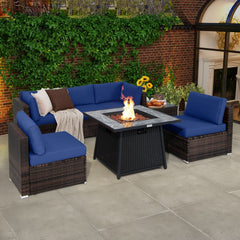 7 Piece Wicker Fire Pit Patio Set, Navy, 35 Inch 50000 BTU Propane Table with Hidden Tank Storage and 5 Modular Seats