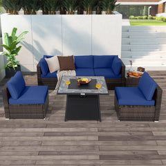 7 Piece Wicker Fire Pit Patio Set, Navy, 35 Inch 50000 BTU Propane Table with Hidden Tank Storage and 5 Modular Seats