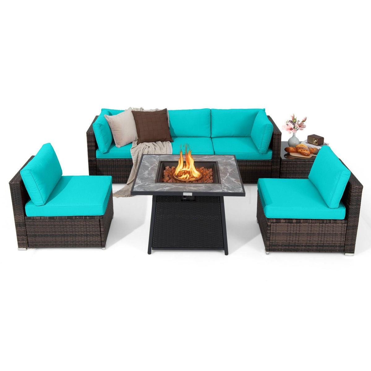 7 Piece Wicker Fire Pit Patio Set, Turquoise, 35 Inch 50000 BTU Propane Table with Washable Covers and 5 Seats