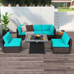 7 Piece Wicker Fire Pit Patio Set, Turquoise, 35 Inch 50000 BTU Propane Table with Washable Covers and 5 Seats