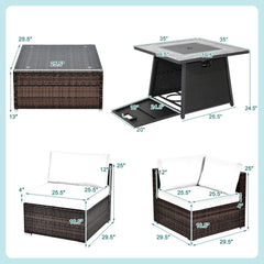 7 Piece Wicker Fire Pit Patio Set, Turquoise, 35 Inch 50000 BTU Propane Table with Washable Covers and 5 Seats