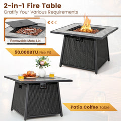 7 Piece Wicker Fire Pit Patio Set, Turquoise, 35 Inch 50000 BTU Propane Table with Washable Covers and 5 Seats