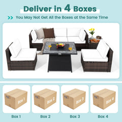 7 Piece Wicker Fire Pit Patio Set, Turquoise, 35 Inch 50000 BTU Propane Table with Washable Covers and 5 Seats