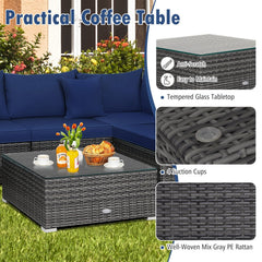 7 Piece Rattan Patio Sectional Sofa Set, 2 Corners, 4 Armless Seats and Glass Table with 2 Pillows, Navy