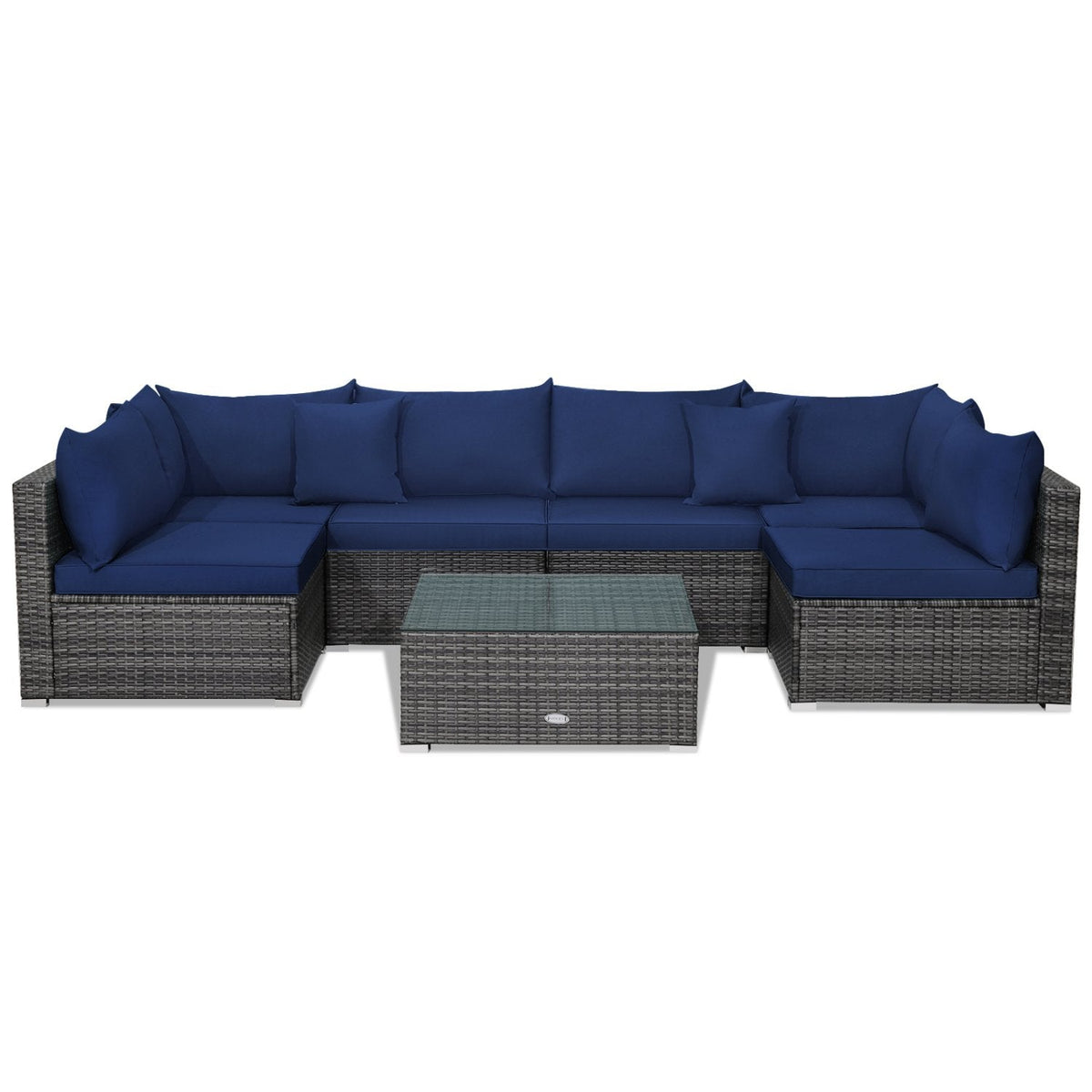 7 Piece Rattan Patio Sectional Sofa Set, 2 Corners, 4 Armless Seats and Glass Table with 2 Pillows, Navy