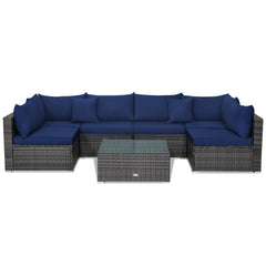 7 Piece Rattan Patio Sectional Sofa Set, 2 Corners, 4 Armless Seats and Glass Table with 2 Pillows, Navy