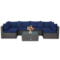 7 Piece Rattan Patio Sectional Sofa Set, 2 Corners, 4 Armless Seats and Glass Table with 2 Pillows, Navy