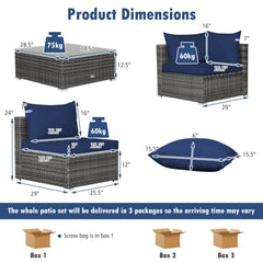7 Piece Rattan Patio Sectional Sofa Set, 2 Corners, 4 Armless Seats and Glass Table with 2 Pillows, Navy