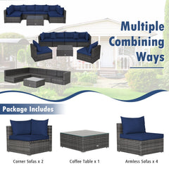 7 Piece Rattan Patio Sectional Sofa Set, 2 Corners, 4 Armless Seats and Glass Table with 2 Pillows, Navy