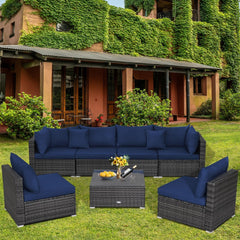 7 Piece Rattan Patio Sectional Sofa Set, 2 Corners, 4 Armless Seats and Glass Table with 2 Pillows, Navy
