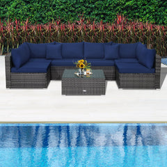 7 Piece Rattan Patio Sectional Sofa Set, 2 Corners, 4 Armless Seats and Glass Table with 2 Pillows, Navy