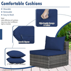 7 Piece Rattan Patio Sectional Sofa Set, 2 Corners, 4 Armless Seats and Glass Table with 2 Pillows, Navy