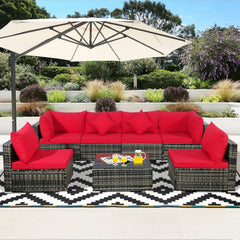 7 Piece Patio Rattan Sectional Sofa Set, 109 Inch Run, 2 Corners, 4 Armless Seats and Glass Table, Red