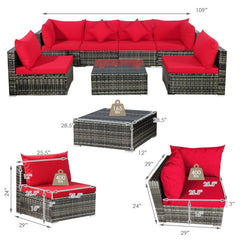 7 Piece Patio Rattan Sectional Sofa Set, 109 Inch Run, 2 Corners, 4 Armless Seats and Glass Table, Red