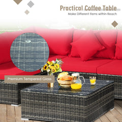 7 Piece Patio Rattan Sectional Sofa Set, 109 Inch Run, 2 Corners, 4 Armless Seats and Glass Table, Red