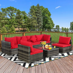 7 Piece Patio Rattan Sectional Sofa Set, 109 Inch Run, 2 Corners, 4 Armless Seats and Glass Table, Red