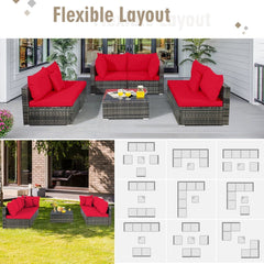 7 Piece Patio Rattan Sectional Sofa Set, 109 Inch Run, 2 Corners, 4 Armless Seats and Glass Table, Red