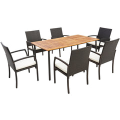 7 Piece Wicker Patio Dining Set for 6, 63 by 36 Inch Acacia Table with Rounded Corners and Six Armchairs