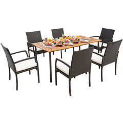 7 Piece Wicker Patio Dining Set for 6, 63 by 36 Inch Acacia Table with Rounded Corners and Six Armchairs
